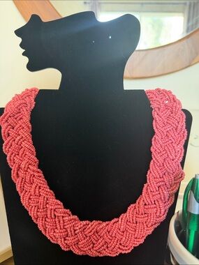 Braided Seed Bead Necklace in Coral Pink